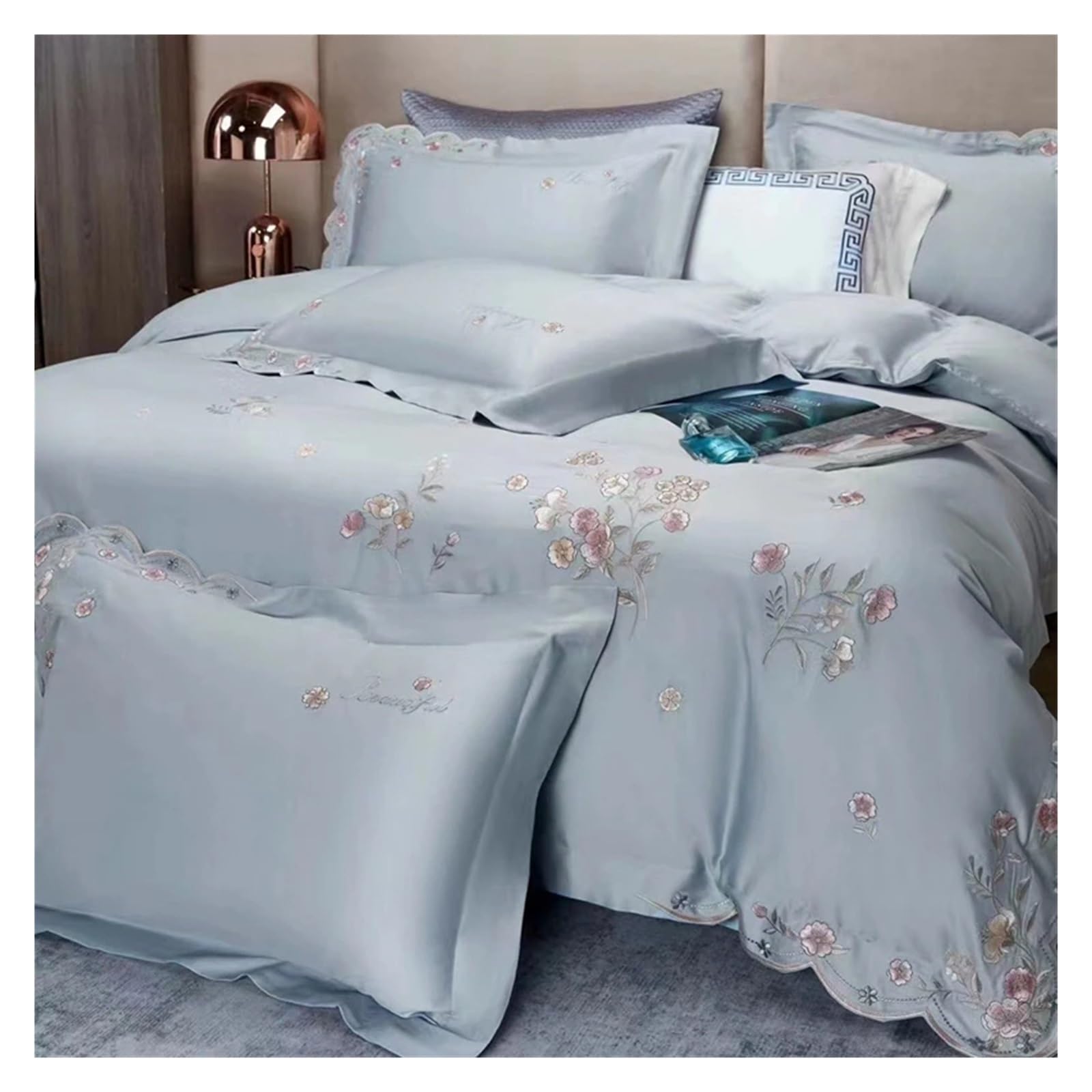 Amazon｜高級花刺繍プリンセス寝具セットエジプト綿パールホワイト